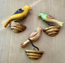 Set of 3 vintage Painted Carved Perched Bird Wall Hanging Yellow Folk Art 🐦 picture