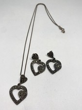 10g 925 STERLING SILVER MARCASITE HEART 18” NECKLACE MATCHING EARRINGS FINE picture