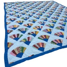 Vtg Patchwork Quilt Grandmother’s Fan Pattern 84”x97” Hand Made Cotton Blue picture