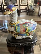 Vintage Chinese Cloisonné Duck Trinket Box with Carved Wood Stand picture