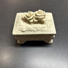 Vintage White Porcelain Roses Scolls Trinkets Jewelry Box 90s Cottage Core picture