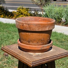 Vtg EV 21 Italian Terracotta Planter Flower Pot Deroma Saucer Set Aged Patina picture