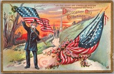 Vintage 1911 DECORATION DAY GREETINGS Embossed Postcard GAR Veteran w/ U.S. Flag picture