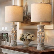 27.25” Rustic Farmhouse Table Lamps Set of 2 – Vintage Bedside Lamps with Night picture