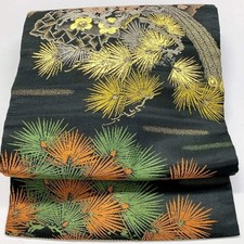 7377# Japanese Antique Nagoya Obi Belt Kimono Fabric Silk Traditional Black picture