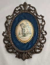 Vintage Metal Oval Frame Raised Porcelain Plaque Winter Blue Velvet Wall Art picture