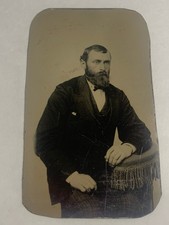 Antique original B&W portrait photo dapper man tintype handsome beard 1860s picture