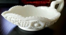 Vintage KEMPLE Triangle Milk Cream Candy Dish with Handle White Milk Glass picture