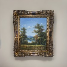 Ornate Large Frame & Hand Painted Oil On Canvas Nature, Painting Trees & Lake picture