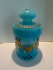 Antique Blue Opalescent Vanity Jar Hand Painted Gold Embossed Scroll with a lid picture