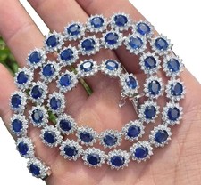 26.40Ct Round Diamond & Blue Sapphire Necklace In 14K White Gold Over 17 Inches picture