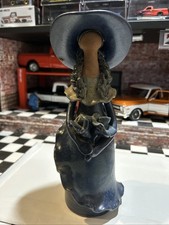 Faceless Terracotta Clay Woman Blue with Flowers & Hat Folk Art Figurine Vintage picture