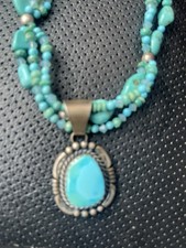 Navajo M Spencer Signed Sterling Silver Turquoise Stone Pendant NECKLACE picture