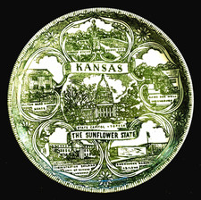 Vintage Kansas State Souvenir Collector Plate Green Transferware 7.25