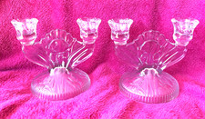 Jeannette Iris & Herringbone Clear Double Glass Candlestick Holders (2) Vintage picture