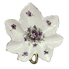 Vintage LEFTON Violet Hand Painted Leaf Gold Trim Candy Dish Trinket Plate 6.75” picture
