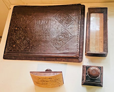 Antique 4-Pc Italian Embossed Leather Desk Set Blotter Pen Tray Inkwell Rocker picture