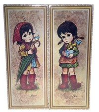2 Big Eye Kids Girls Plaque Litho Signs New Old Stock Bev Vtg Retro 15”x6”x .5