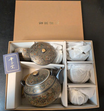 Mino Ware Kosen Kiln Pottery Teapot & 5 Teacups w/ Lid Boxed Tea Utensils Unused picture