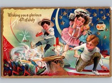c1915 Glorious 4th Of July Cute Kids Firing Cannons Fireworks Lantern Embossed picture