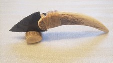 Authentic Deer Antler Knife With Black Obsidian Knapped Point, & Stand. picture