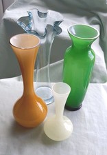 JOB LOT OF FOUR RETRO VINTAGE COLOURED ART GLASS VASES GREEN ORANGE YELLOW picture