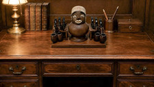 WOODEN PIPE RACK TOBACCO With Heavy Very Old Ceramic Head Bowl Top picture