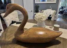 GORGEOUS SOLID WOOD HAND CARVED LARGE SWAN,  GLASS EYES 31” Long X 11” Wide picture