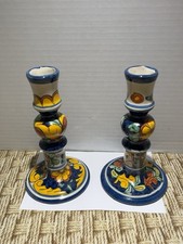 Pair Talavera Style Pottery Candlesticks Hand Painted Floral Blue Yellow 7.5” picture
