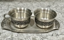 Vintage Selandia Norway Pewter Creamer Sugar Dish & Under Tray Scrollwork Detail picture