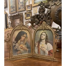 Vtg Bifold Cast Metal Gold Gilt Florentine Diptych Sacred Heart Mary Jesus 6.5x8 picture