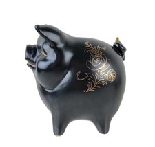 Vintage Lefton Black & Gold Ceramic Floral Happy Pig Piggy Coin Bank picture