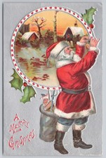 Antique Santa Hanging Ornament Embossed Merry Christmas Postcard picture