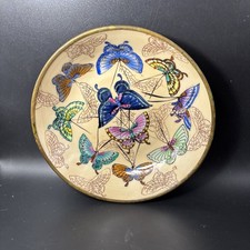 Vtg Brass Backed Chinoiserie Butterfly Bowl Gold Pink Blue Green 6 In W/hanger picture
