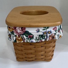VTG 1996 Longaberger Tissue Basket Wood Lid Floral Roses Fabric Liner Protector picture