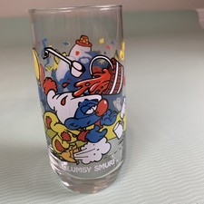 Vintage Clumsy Smurf Drinking Glass 1983 Peyo Wallace Berrie USA  Paint Spill picture