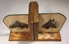 VTG HORSE HEAD DESIGN BOOKENDS SLAG GLASS & WOOD  8” Signed Glass EXC. picture