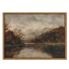 Wood Framed Vintage Wall Art, Moody Lake Forest Landscape Wall Decor Painting... picture