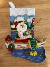 Vintage Bucilla Fishing Santa #83658 Felt Christmas Stocking Finished Complete picture