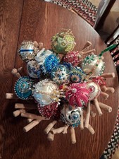 Lot 26 Vintage  Beaded Sequin Christmas Tree Ornaments Push Pin Satin Velvet MCM picture