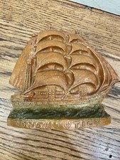 Vintage Syroco Wood Brush Holder Sailing Ship Constitution Decor Trinket Desk NL picture