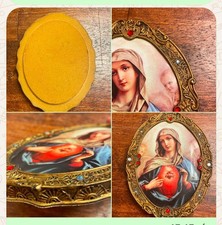 Antique Brass Art Deco Frame Print Virgin Mary Sacred Heart Tabletop Plaque Rare picture