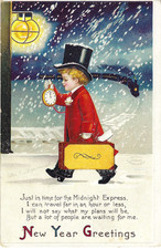 Vtg Clapsaddle Boy Train Station Top Hat Watch New Year Riddle PC A/S Emb 1911 picture