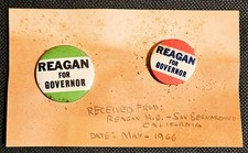 2 Vintage 1966 Ronald Reagan For Governor Pins W/ Owner Handwritten Date Slip picture