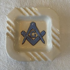 Vintage 70s Masonic Freemason Ashtray Cigar Trinket Dish Raised Blue Gold Accent picture