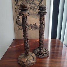 Antique Imperial Royal Wood Carved Chinese Candle Stick Holder Pair 19th Century picture