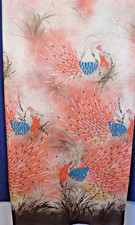 Vintage 70s Cal-Prints Peacock Border Print Orange Brown Poly Knit Fabric 61x108 picture