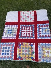 Vintage Nine Patch Patchwork Quilt Homestead Multicolor Bold Red Sashing Cottage picture
