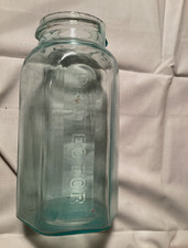 Vtg 1880s protector 6 sided hexagonal, aqua glass, fruit jar, quart sized picture