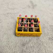 Vintage Miniature Coca-Cola Yellow Wooden Crate with 12 Glass Bottles Set picture